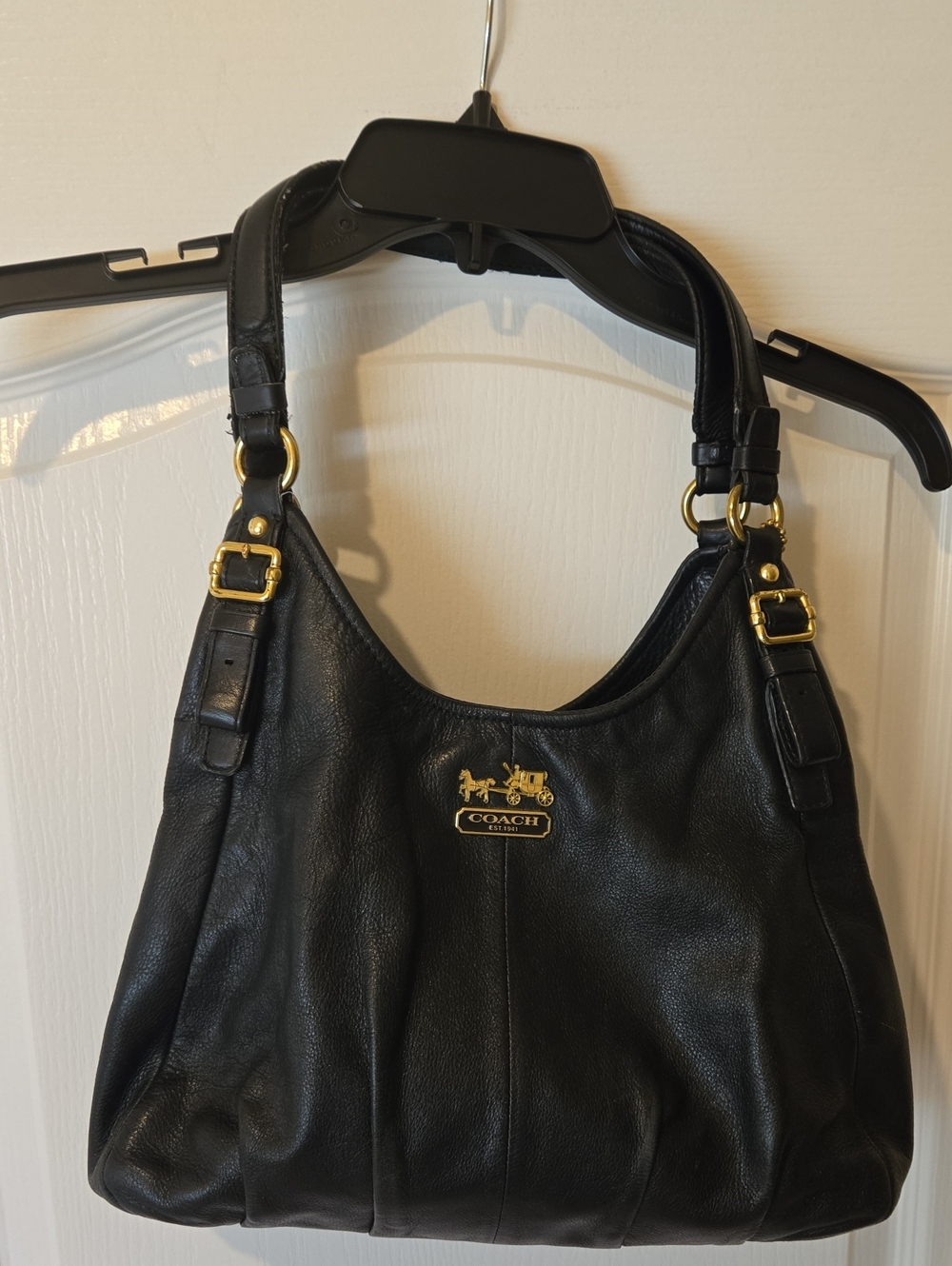 Coach Black Leather Shoulder Bag with Gold Hardware Emblem and Dust Bag